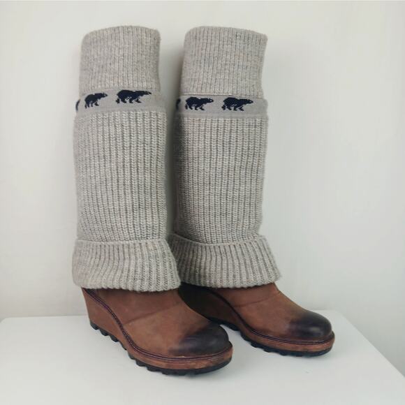 Sorel Women's SZ 11 Brown Gray Leather Crazy Cable Knit Sweater Wedge Boots Rare - Picture 3 of 9